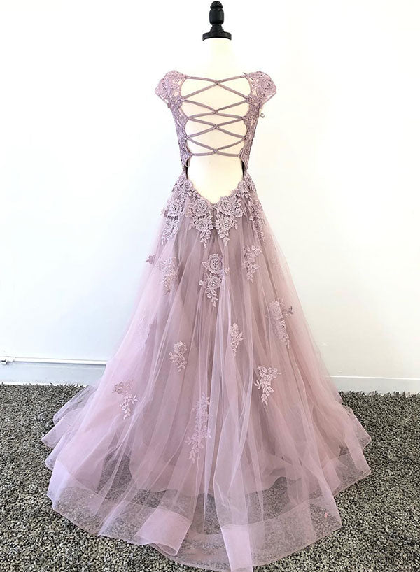 Beautiful Tulle Lace Long Formal Dress, A-Line Backless Evening Dress