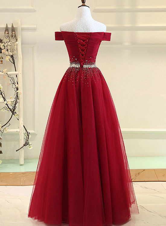 Burgundy Off the Shoulder Floor Length Prom Dress, Burgundy Evening Party Dress