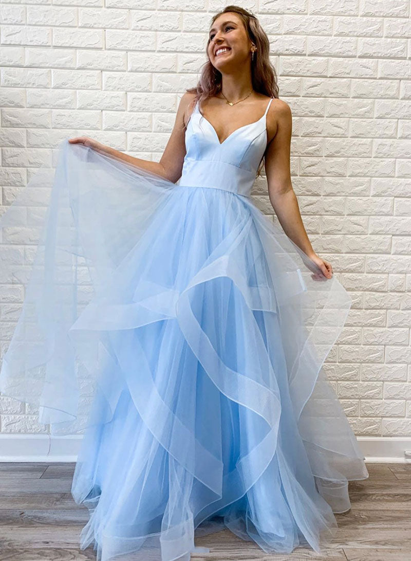 Cute V-Neck Tulle Floor Length Prom Dress, Beautiful Spaghetti Strap Evening Party Dress