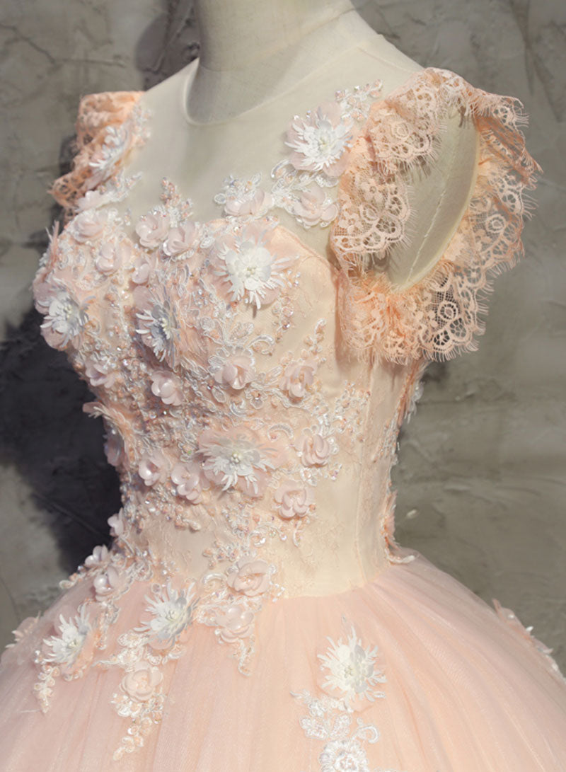 Beautiful Pink Tulle Lace Long Prom Dress, A-Line Sweet 16 Party Dress