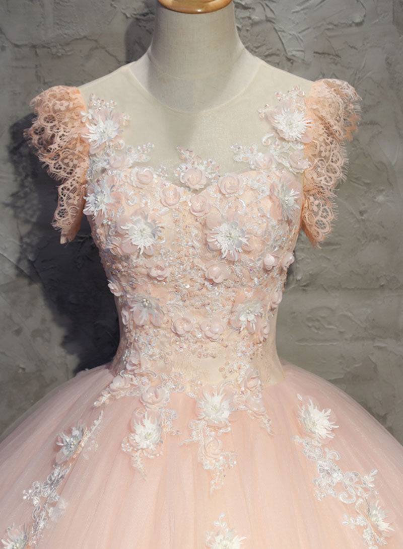 Beautiful Pink Tulle Lace Long Prom Dress, A-Line Sweet 16 Party Dress