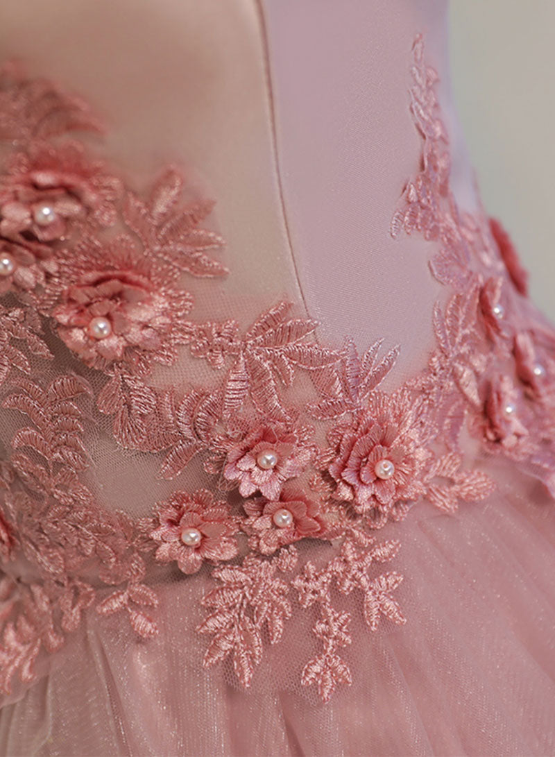 Pink Tulle Lace Short Prom Dress, A-Line Off the Shoulder Party Dress