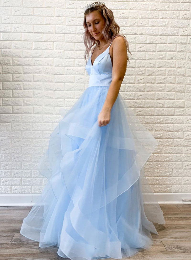 Cute V-Neck Tulle Floor Length Prom Dress, Beautiful Spaghetti Strap Evening Party Dress