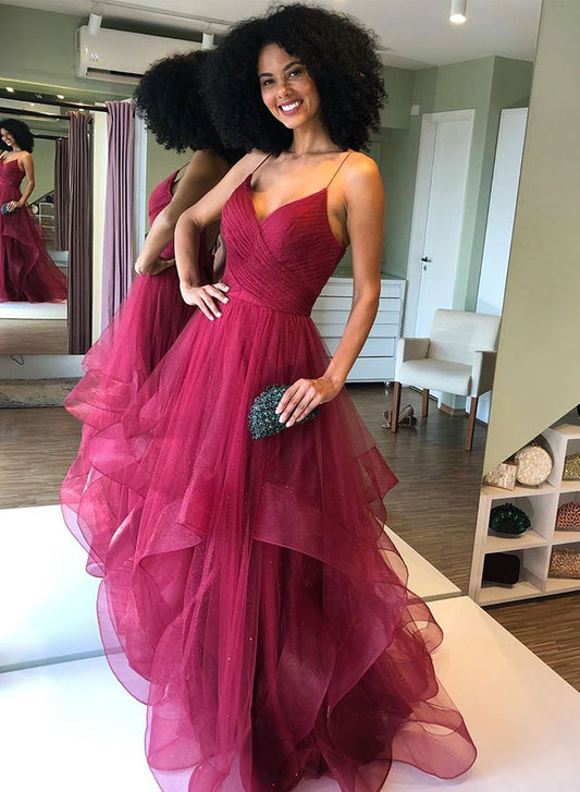 Stylish Spaghetti Strap V-Neck Tulle Long Prom Dress, A-Line Backless Evening Dress