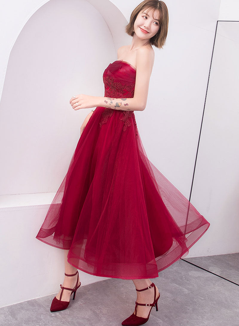 Cute Tulle Lace Short Prom Dress, A-Line Strapless Homecoming Party Dress