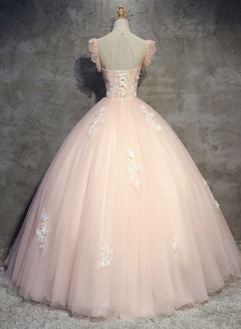 Beautiful Pink Tulle Lace Long Prom Dress, A-Line Sweet 16 Party Dress