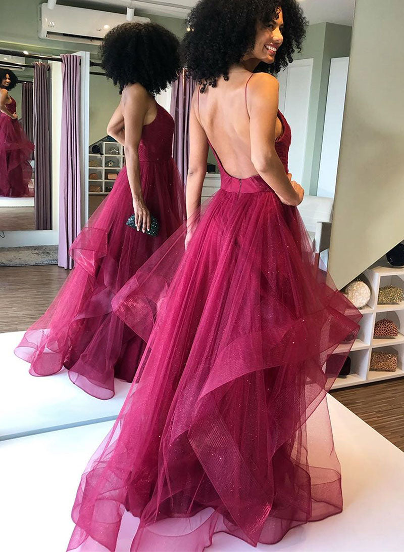 Stylish Spaghetti Strap V-Neck Tulle Long Prom Dress, A-Line Backless Evening Dress