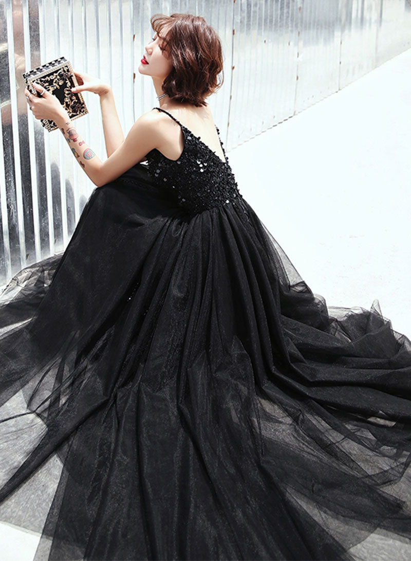 Black V-Neck Tulle Sequins Long Prom Dress, Black A-Line Evening Party Dress