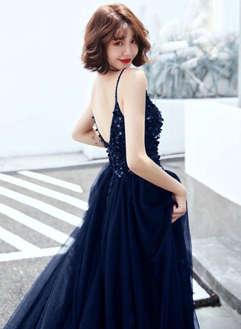 Black V-Neck Tulle Sequins Long Prom Dress, Black A-Line Evening Party Dress
