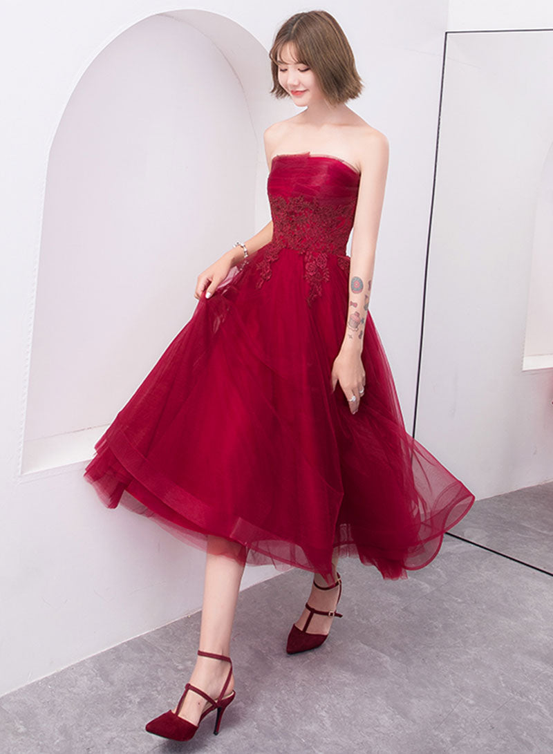 Cute Tulle Lace Short Prom Dress, A-Line Strapless Homecoming Party Dress