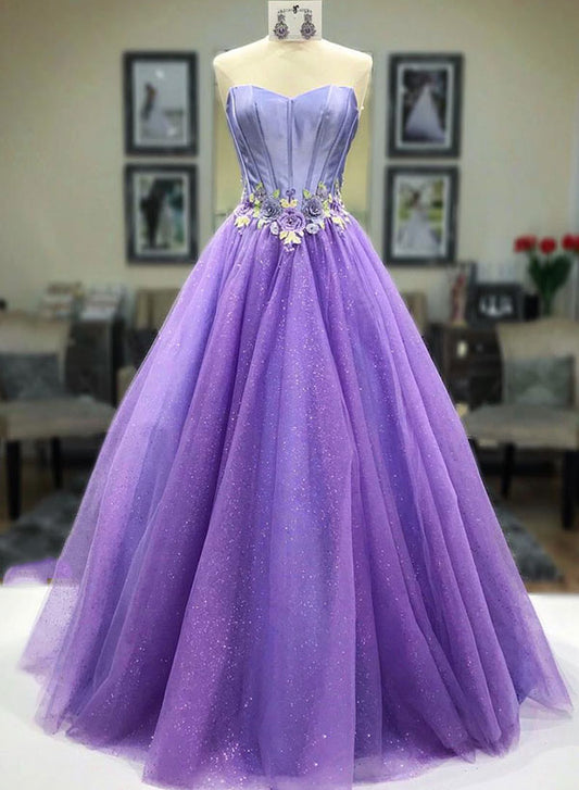 Purple Strapless Tulle Lace Long Prom Dress, A-Line Beautiful Evening Party Dress