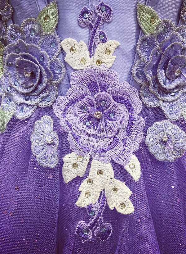 Purple Strapless Tulle Lace Long Prom Dress, A-Line Beautiful Evening Party Dress