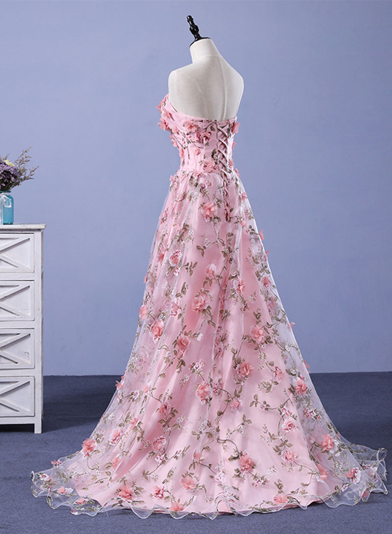 Pink Tulle Applique Long Prom Dress, A-Line Sweetheart Neck Evening Dress