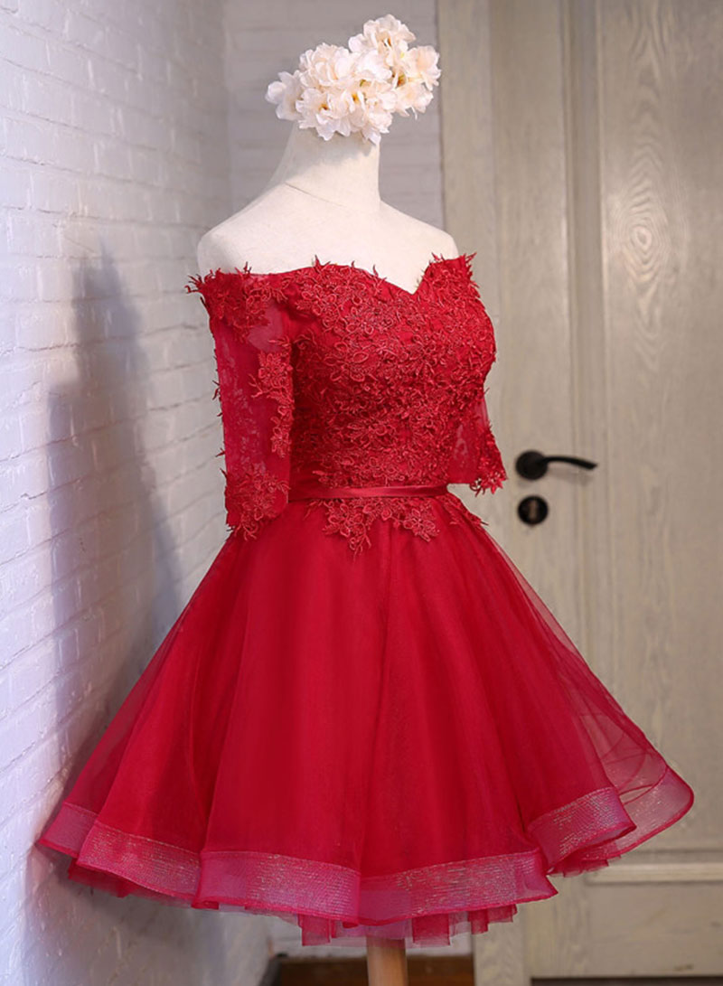 Burgundy Lace Short Prom Dress, A-Line Mini Party Dress
