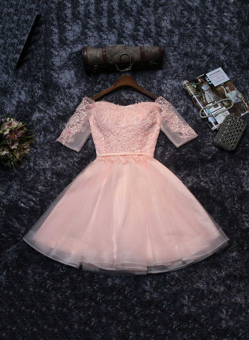 Pink Tulle Lace Short Prom Dress, Cute A-Line Homecoming Party Dress