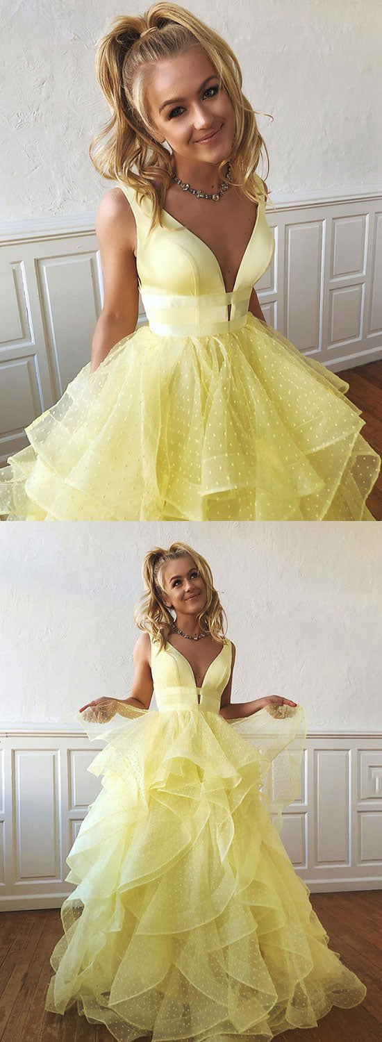 Yellow V-Neck Tulle Long Prom Dress, A-Line Evening Party Dress