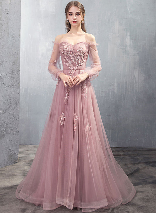 Pink Tulle Lace Floor Length Prom Dress, Long Sleeve Evening Dress