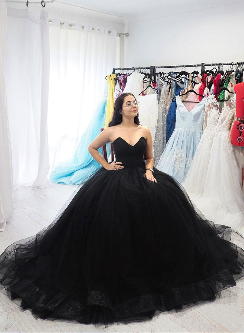 Black Strapless Tulle Floor Length Prom Dress, Black A-Line Evening Party Dress
