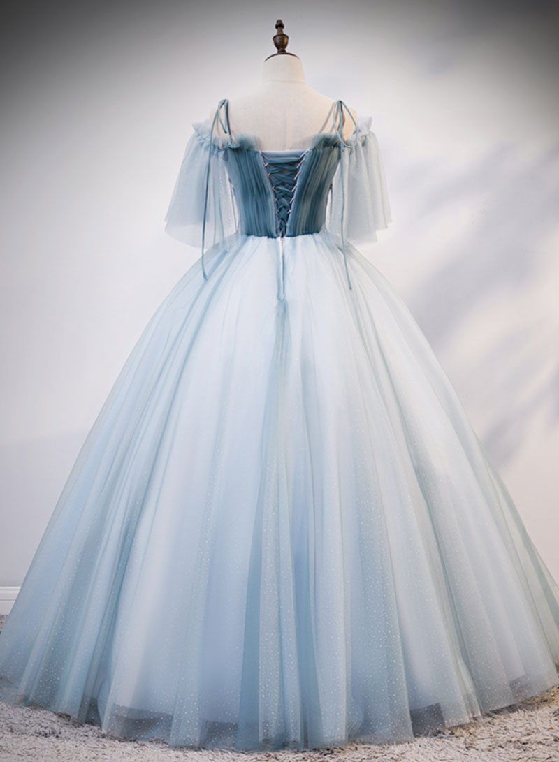 Blue Sweetheart Neck Tulle Long Prom Dress, Blue Tulle Formal Evening Dress