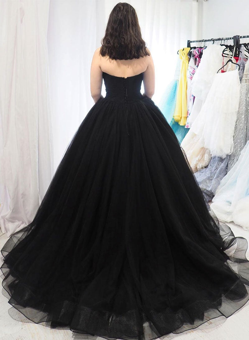 Black Strapless Tulle Floor Length Prom Dress, Black A-Line Evening Party Dress