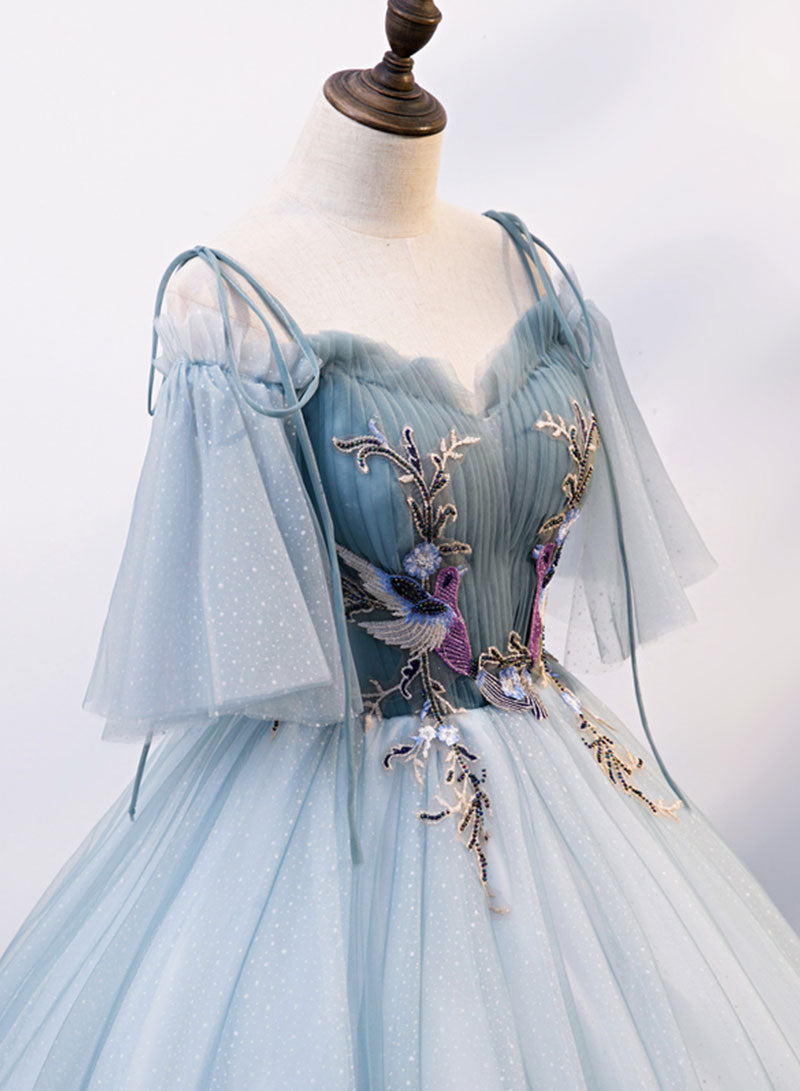 Blue Sweetheart Neck Tulle Long Prom Dress, Blue Tulle Formal Evening Dress