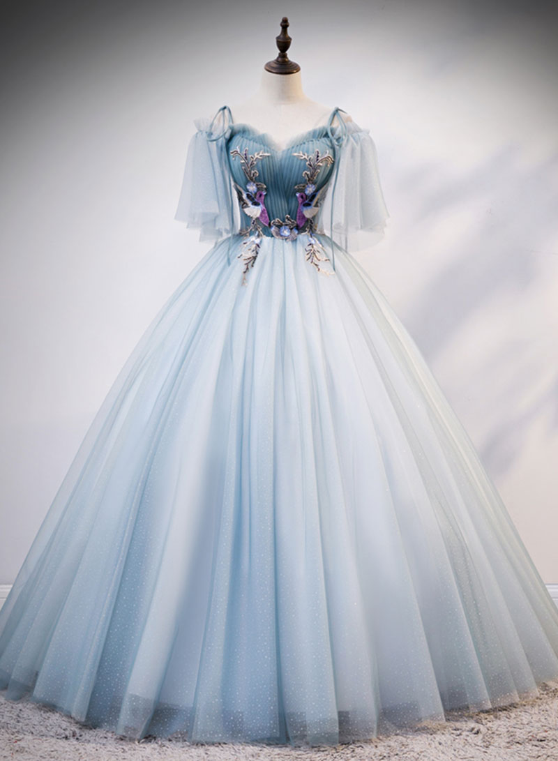 Blue Sweetheart Neck Tulle Long Prom Dress, Blue Tulle Formal Evening Dress