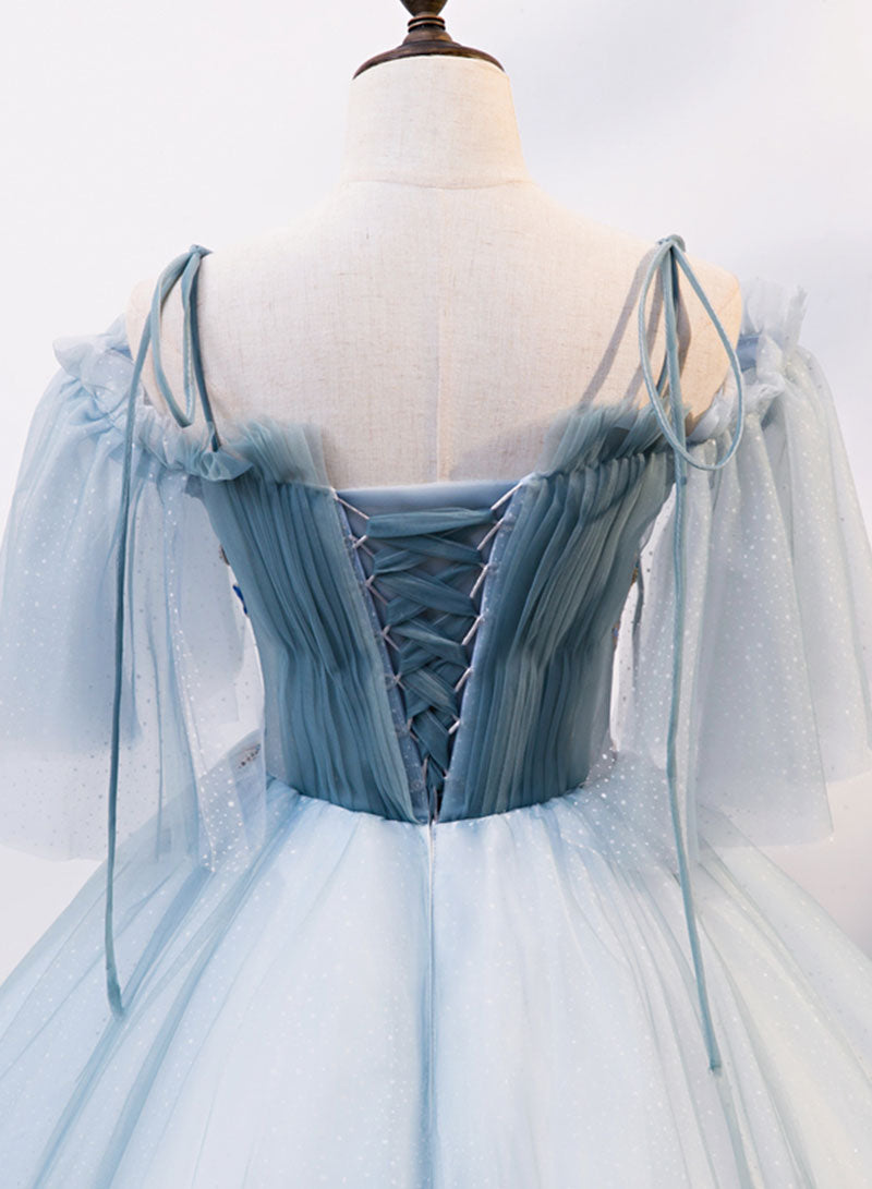 Blue Sweetheart Neck Tulle Long Prom Dress, Blue Tulle Formal Evening Dress