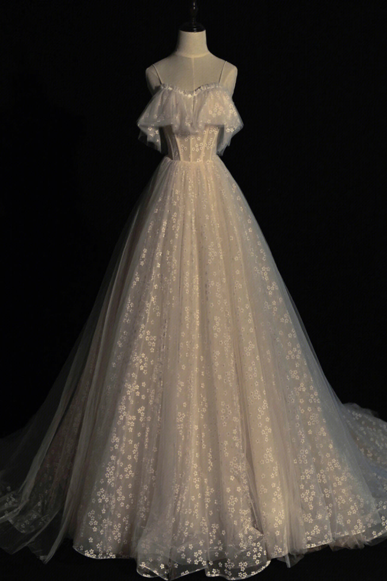 Champagne tulle long prom dress A-line evening dress