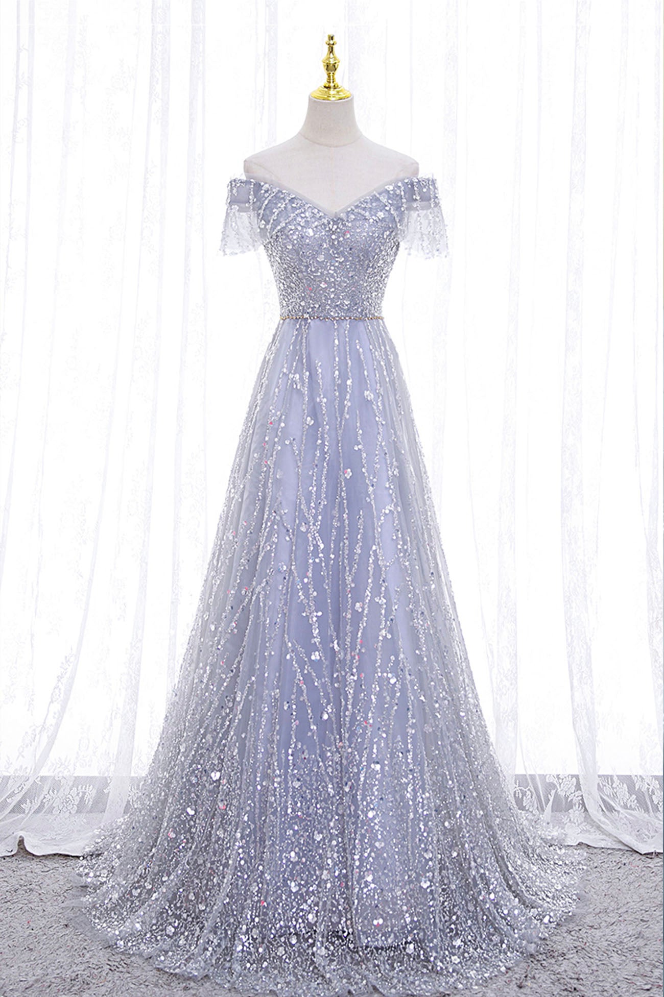 Gray Tulle Sequins Long Prom Dress, Off the Shoulder Evening Dress