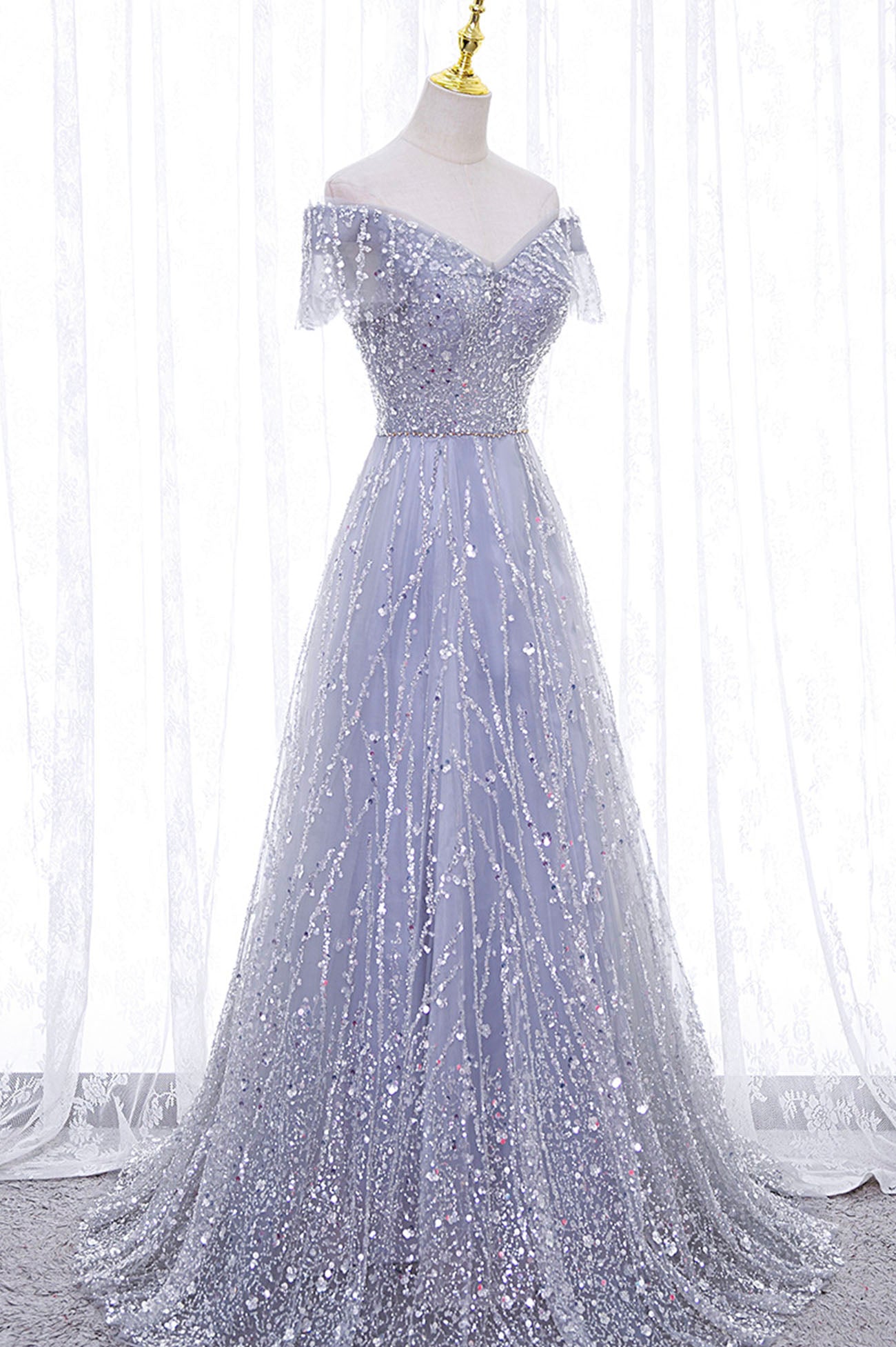 Gray Tulle Sequins Long Prom Dress, Off the Shoulder Evening Dress