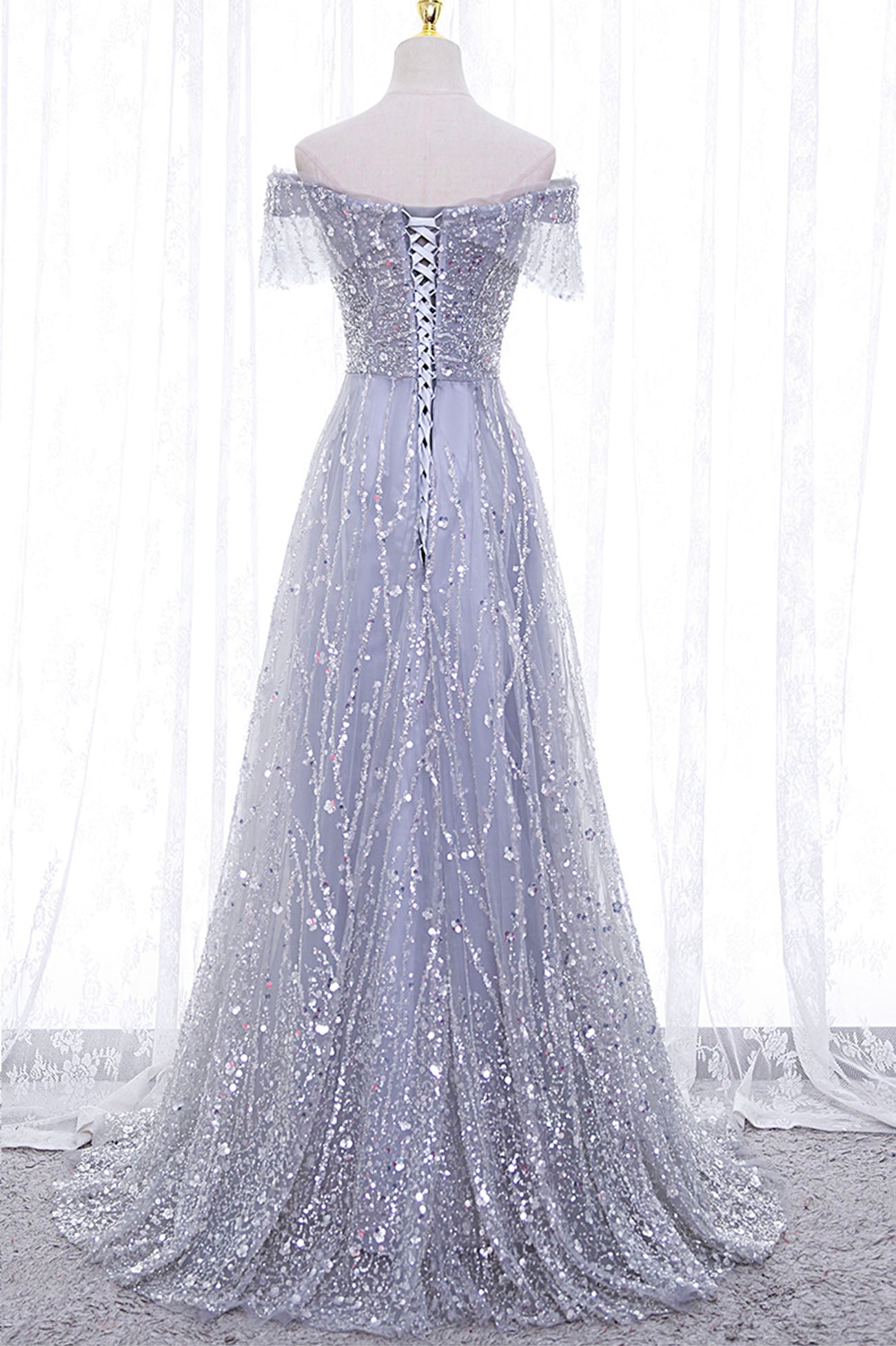 Gray Tulle Sequins Long Prom Dress, Off the Shoulder Evening Dress