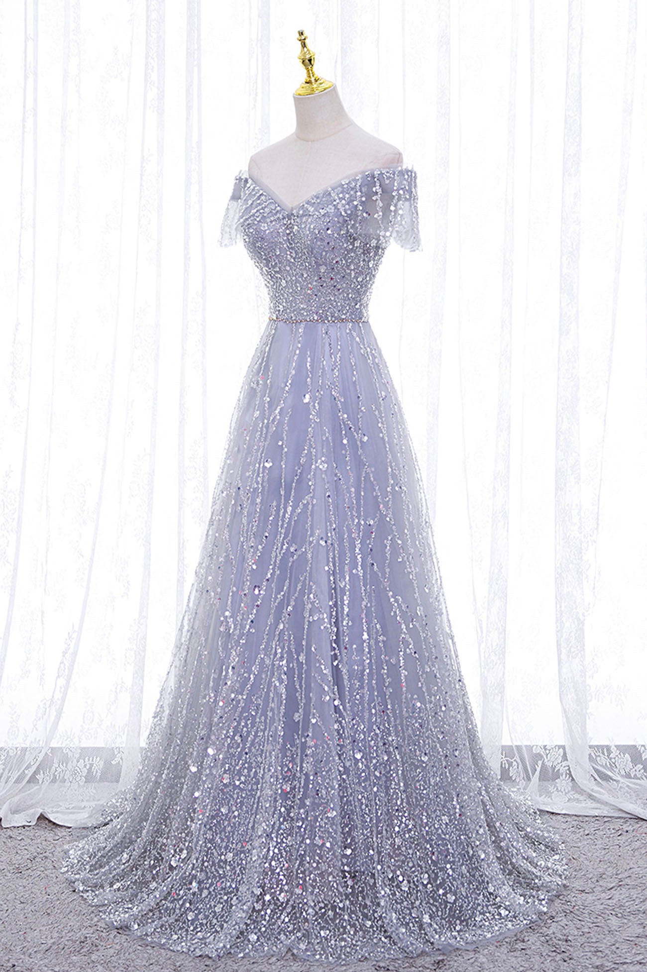 Gray Tulle Sequins Long Prom Dress, Off the Shoulder Evening Dress