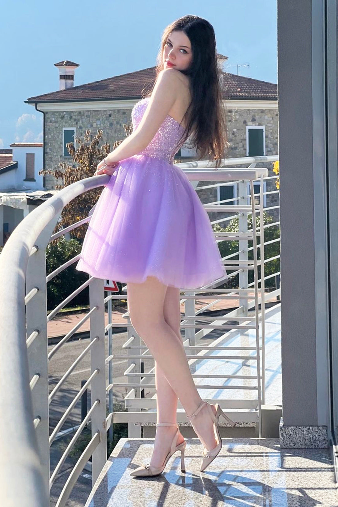 Purple Tulle Sequins Short Prom Dress, Cute A-Line Evening Party Dress