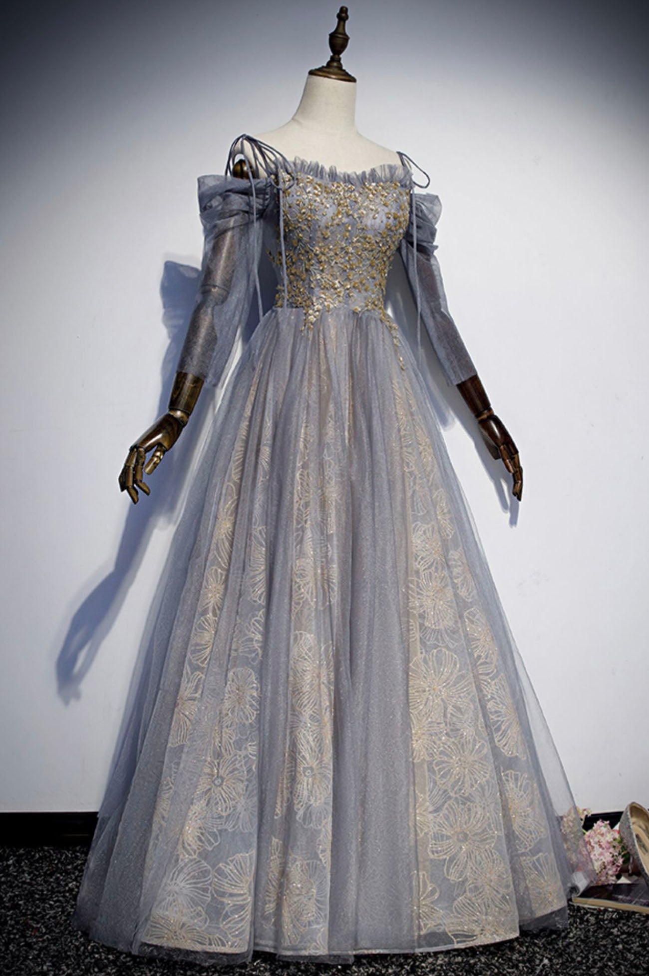 Gray Tulle Sequins Long Prom Dress, Off the Shoulder Evening Party Dress