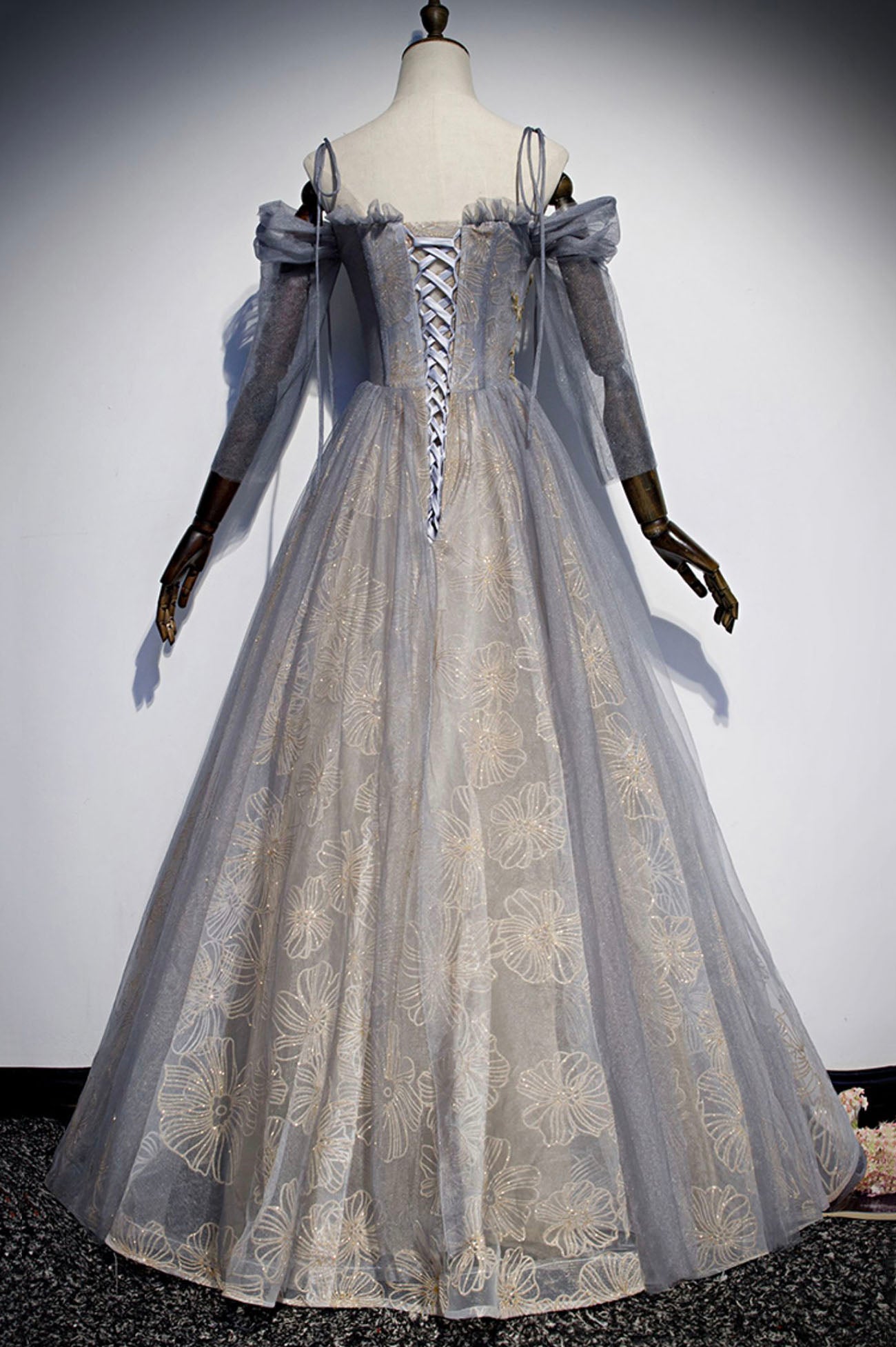 Gray Tulle Sequins Long Prom Dress, Off the Shoulder Evening Party Dress