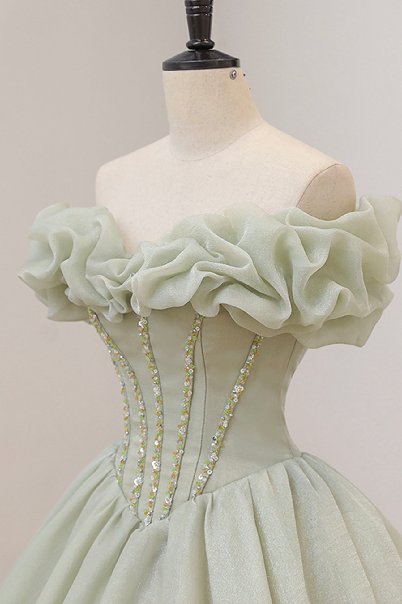 Green Tulle Sequins Long A-Line Ball Gown