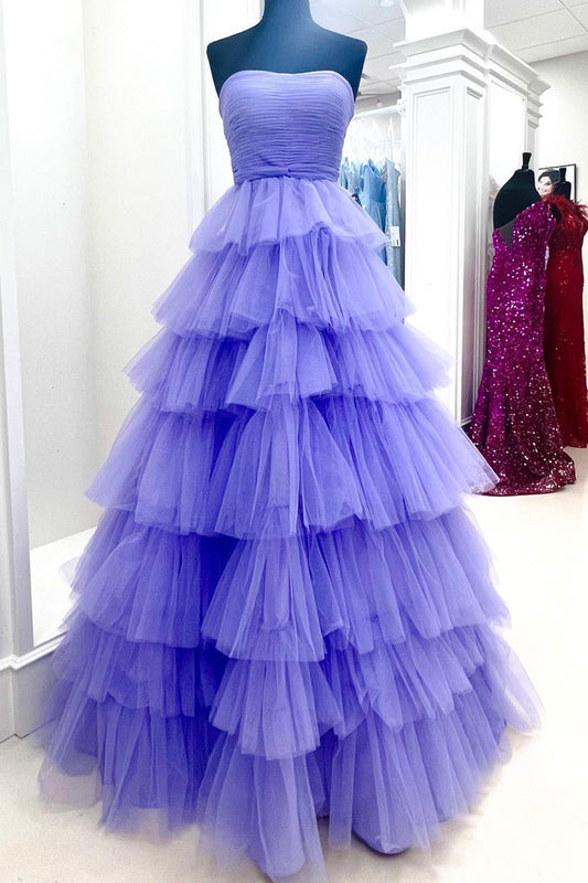 Purple Tulle Layers Long Prom Dress, Purple Strapless Formal Evening Dress