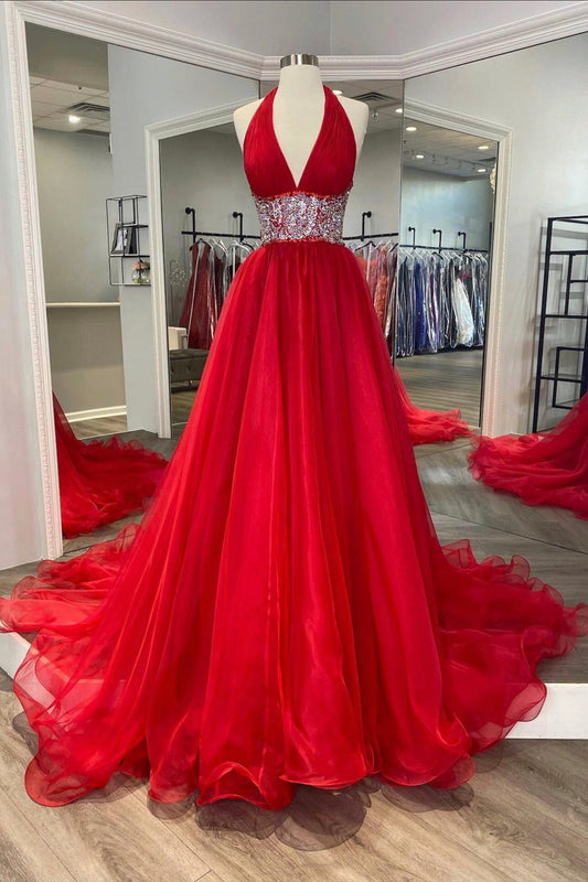 Red Organza Beaded Long A-Line Prom Dress, Red Evening Dress