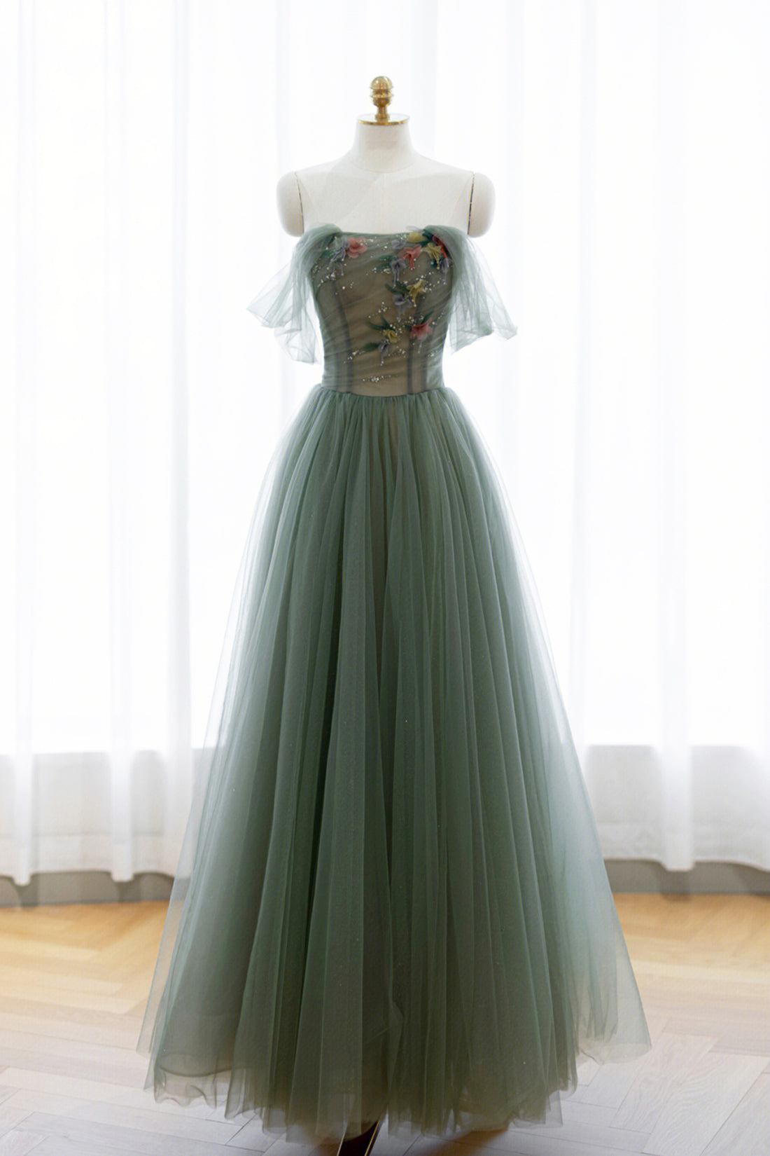 Green Tulle Long Prom Dress, Off Shoulder A-Line Evening Party Dress