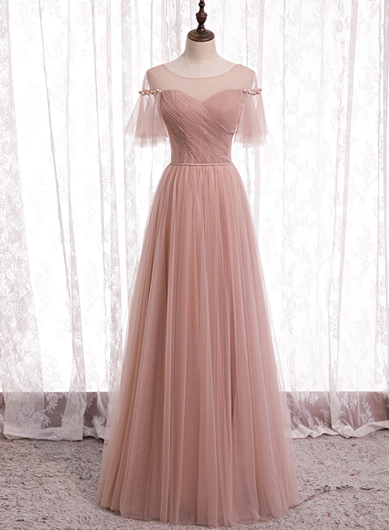 Pink Spaghetti Strap Tulle Long Prom Dress, A-Line Beautiful Evening Dress