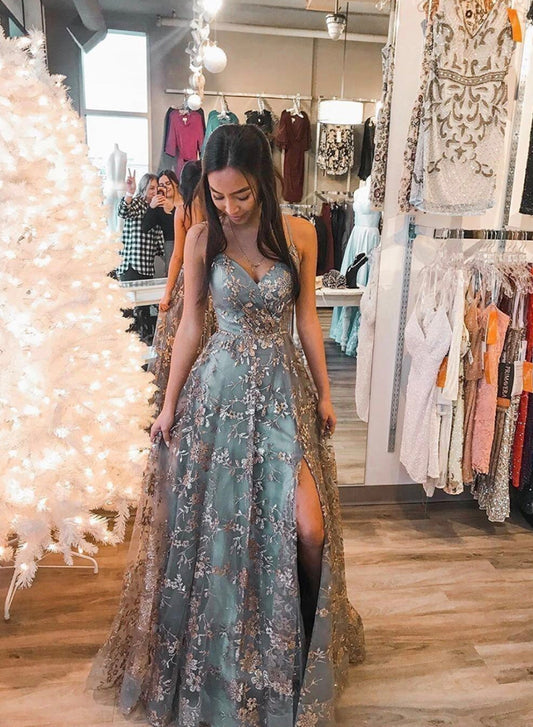 Stylish V-Neck Tulle Sequins Long Prom Dress, A-Line Backless Evening Dress