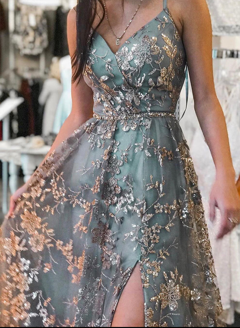 Stylish V-Neck Tulle Sequins Long Prom Dress, A-Line Backless Evening Dress