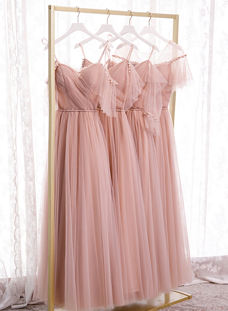 Pink Spaghetti Strap Tulle Long Prom Dress, A-Line Beautiful Evening Dress