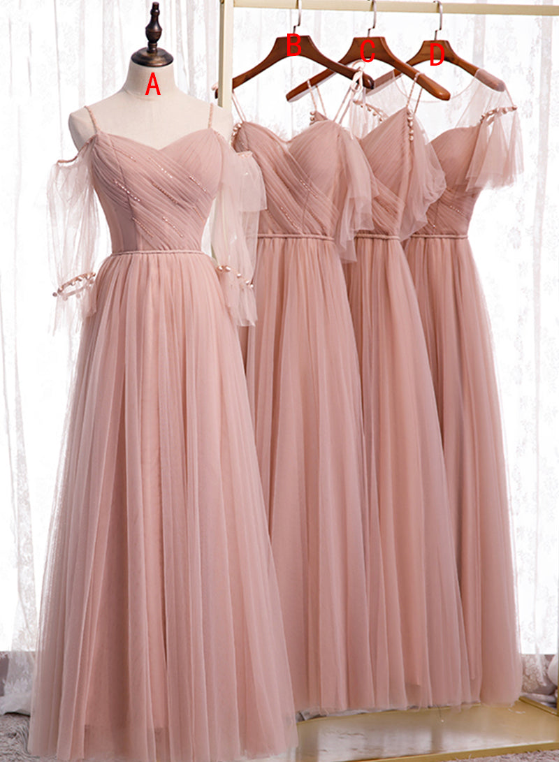 Pink Spaghetti Strap Tulle Long Prom Dress, A-Line Beautiful Evening Dress