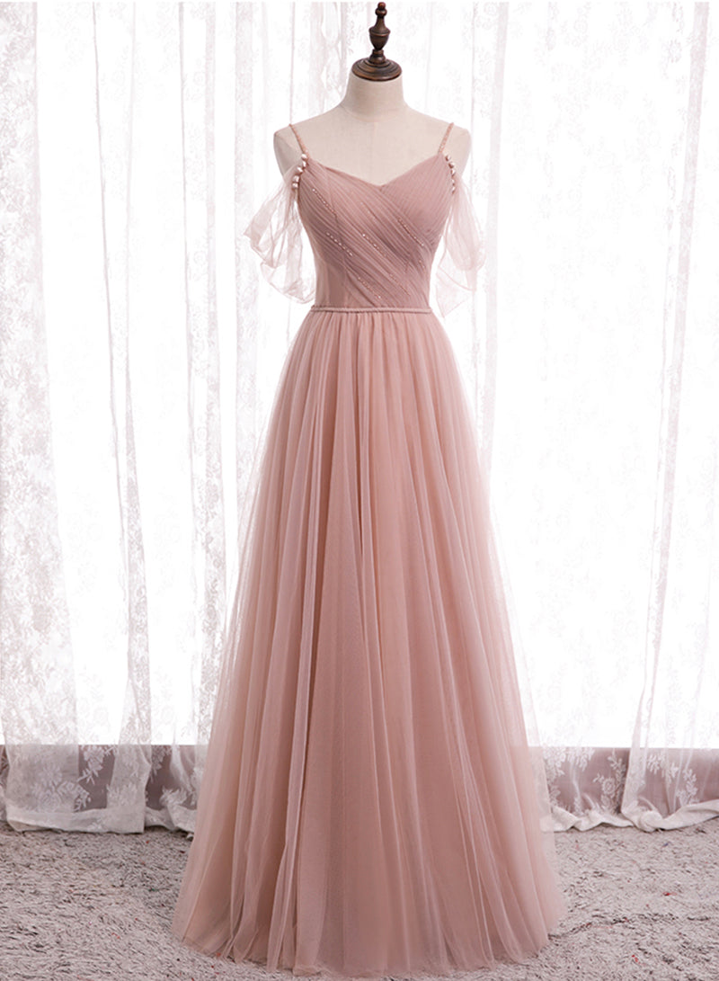 Pink Spaghetti Strap Tulle Long Prom Dress, A-Line Beautiful Evening Dress
