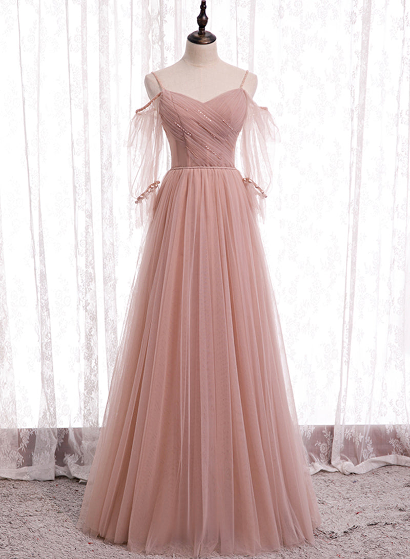 Pink Spaghetti Strap Tulle Long Prom Dress, A-Line Beautiful Evening Dress