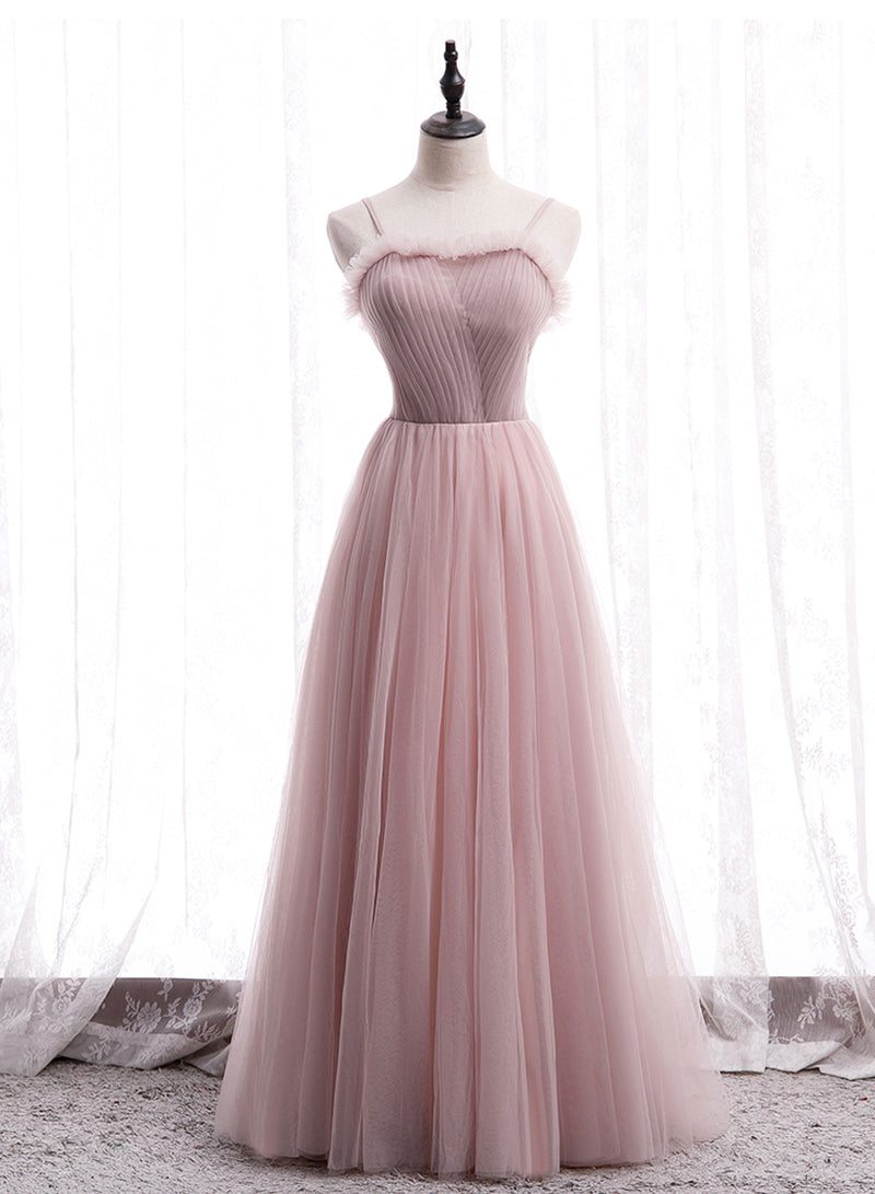 Pink Tulle Long Prom Dress, A-Line Spaghetti Strap Evening Dress