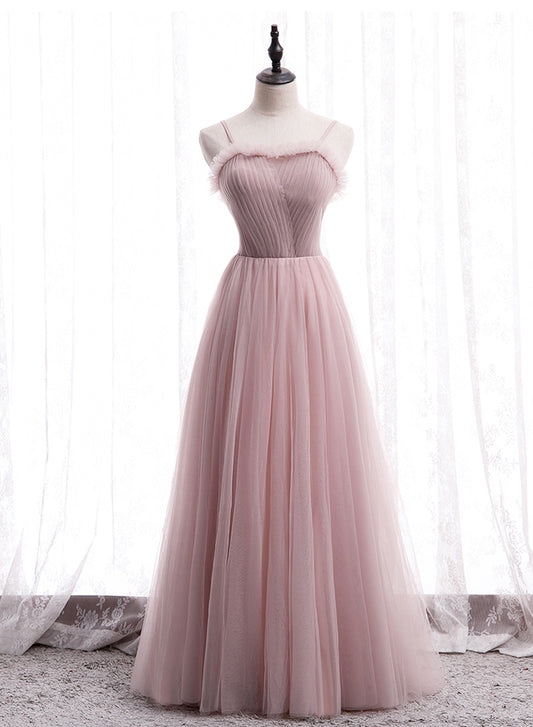 Pink Tulle Long Prom Dress, A-Line Spaghetti Strap Evening Dress