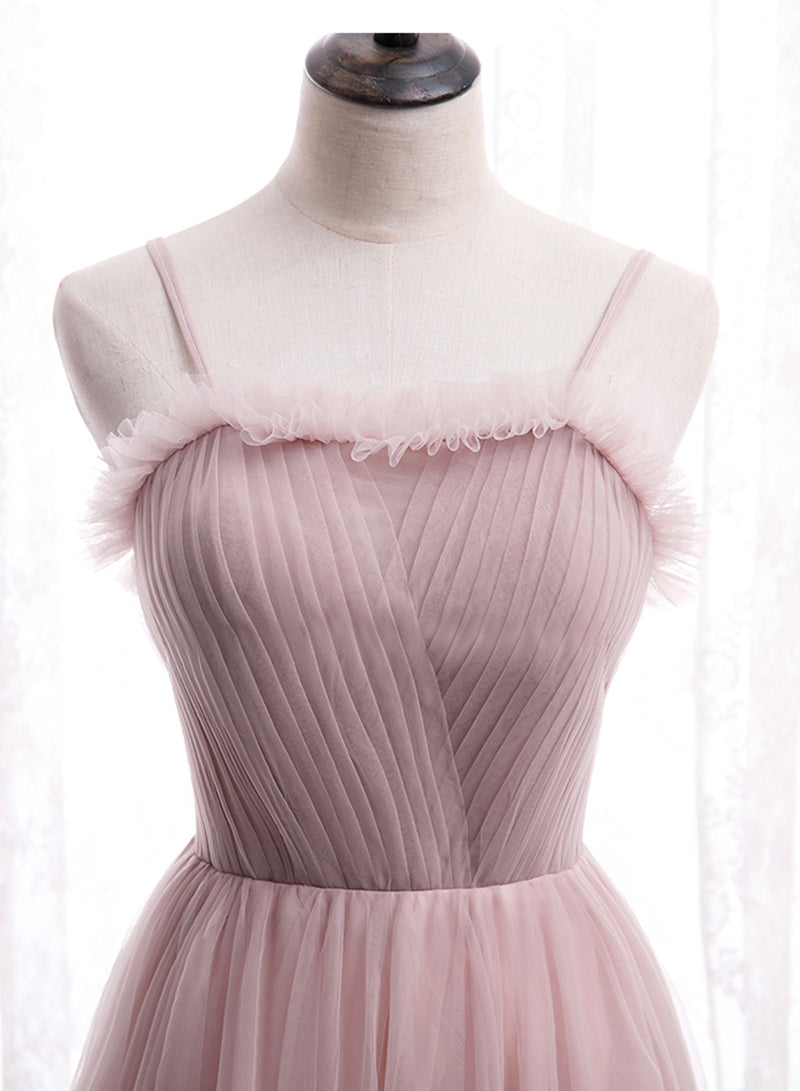 Pink Tulle Long Prom Dress, A-Line Spaghetti Strap Evening Dress