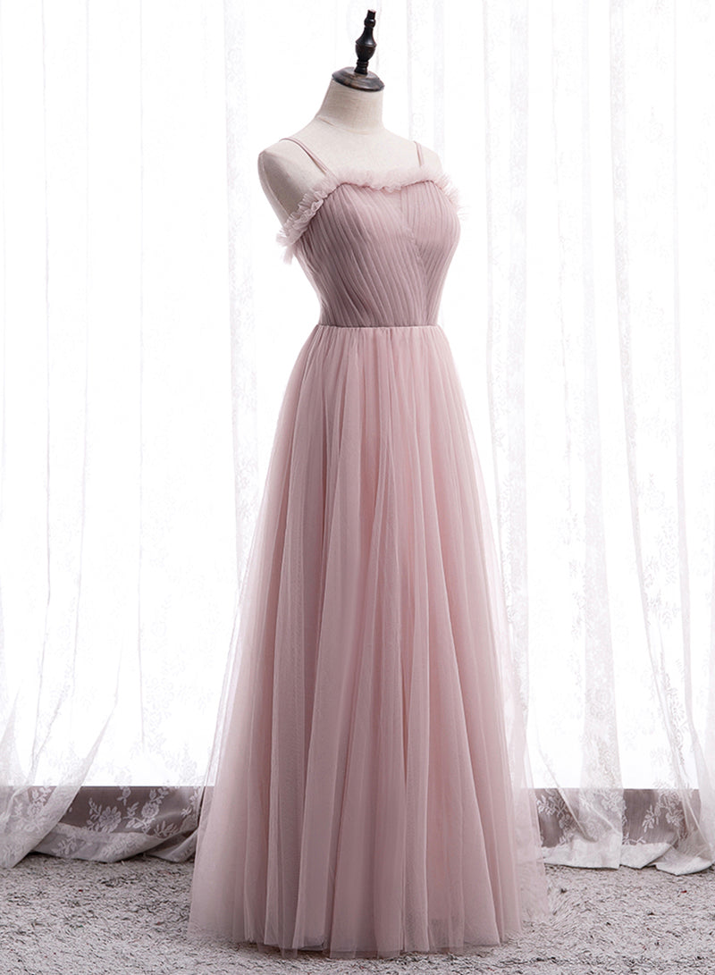 Pink Tulle Long Prom Dress, A-Line Spaghetti Strap Evening Dress